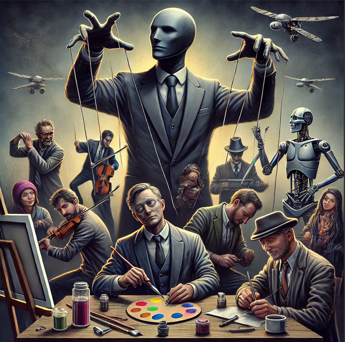 A faceless corporate figure controls artists with puppet strings, replacing their tools with AI replicas, while visionaries break free.