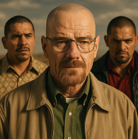 Walter White stands in the foreground with two Latino men behind him, symbolizing racial contrast in character depth and media stereotypes.