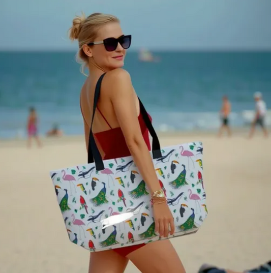 A woman in a red swimsuit and sunglasses carrying a colorful bird-print Tantrum Media Store beach bag at a sunny beach.