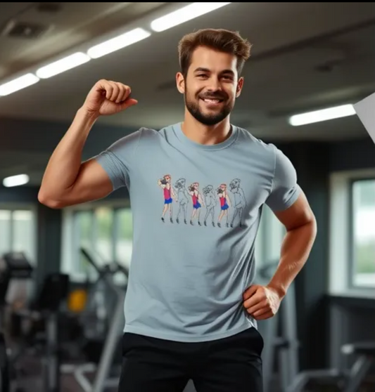 Man flexing in gym wearing light blue graphic fitness t-shirt with humorous evolution of lifters design