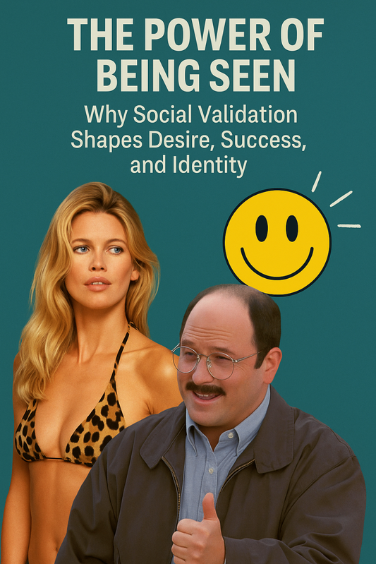 Claudia Schiffer and George Costanza on a teal background with a smiley face and blog title about social validation.