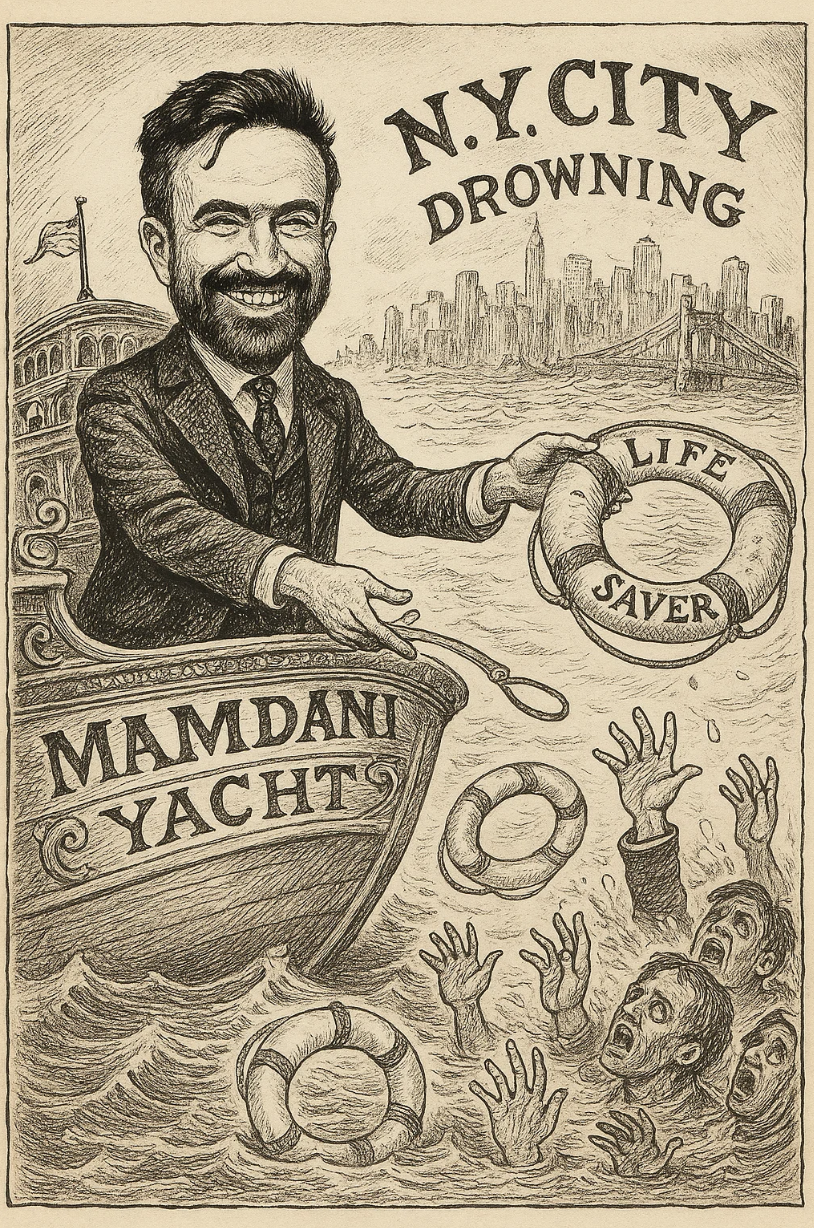 Caricature of Zohran Mamdani on a yacht tossing life rings to drowning New Yorkers