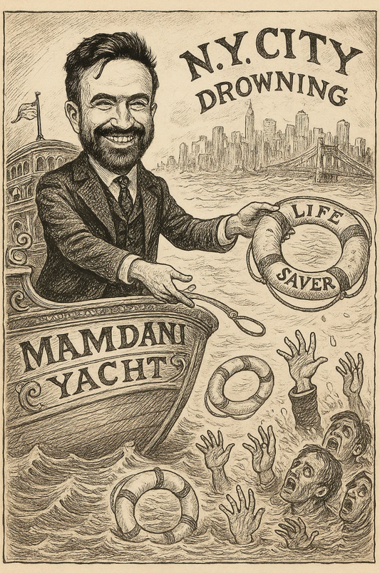 Caricature of Zohran Mamdani on a yacht tossing life rings to drowning New Yorkers