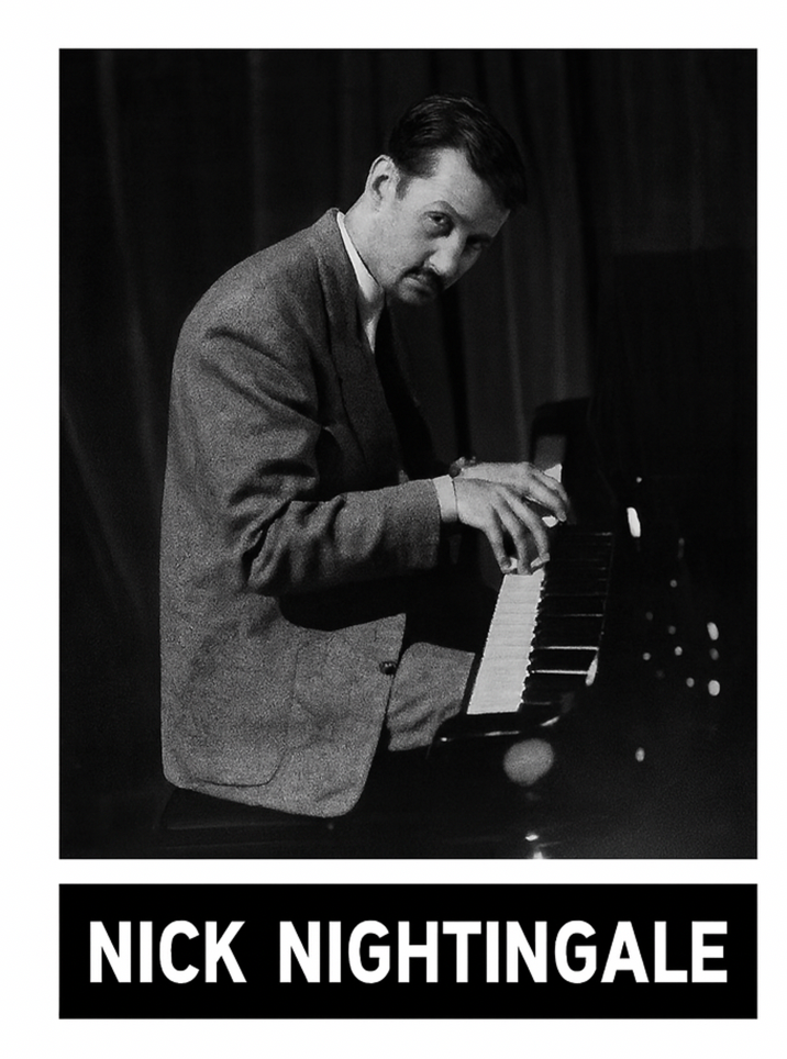 Black and white image of a man in a suit playing the piano, representing the character Nick Nightingale.