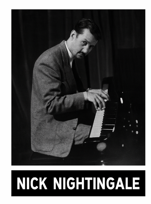 Black and white image of a man in a suit playing the piano, representing the character Nick Nightingale.
