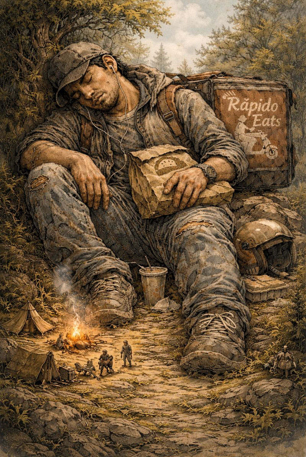 A weary delivery worker sleeps against a tree like a giant in a forest, a takeout bag on his chest, while tiny people camp and walk along the path between his boots, turning his quiet rest into a surreal landscape.