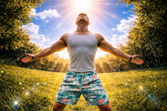 man standing in sunlight in spring field wearing Men's Hawaiian Swim Shorts from the Nature Collection feeling energy boost from sunlight and nature