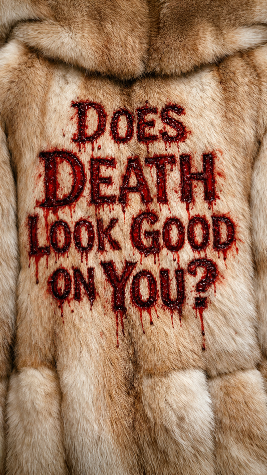 Close-up of a fur coat with the words “Does Death Look Good on You?” written across it in a blood-like texture, emphasizing the connection between fur fashion and animal death.