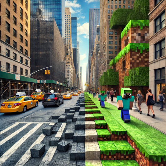 Minecraft-style blocks and characters blend into a real-world New York City street, merging digital and physical environments.