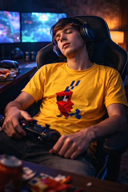 Gamer asleep in gaming chair holding controller while wearing yellow Arcade Parrot graphic T-shirt after a late night video game session