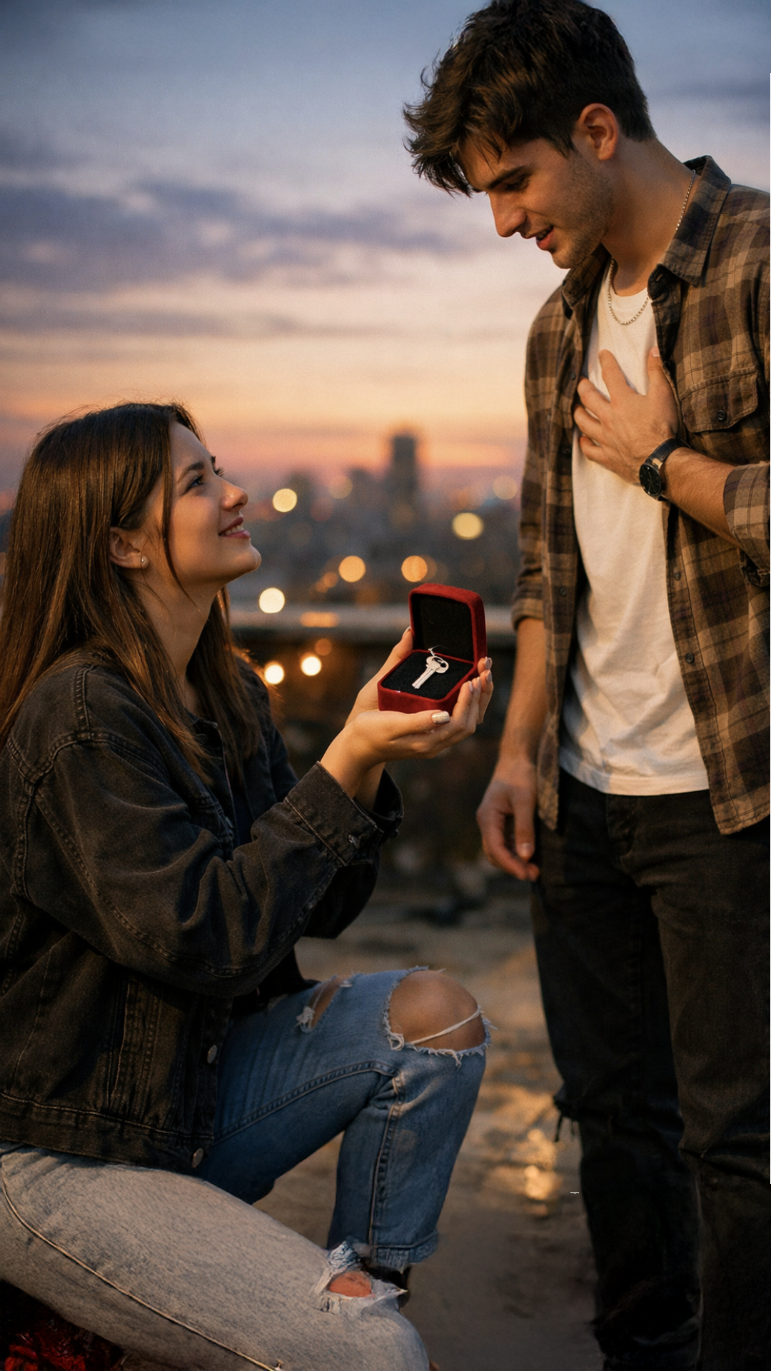 A woman kneeling at sunset, holding out a small red box with a key inside, as a man looks down at her with a hand on his chest, with city lights glowing in the background.