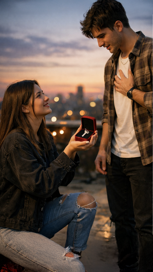 A woman kneeling at sunset, holding out a small red box with a key inside, as a man looks down at her with a hand on his chest, with city lights glowing in the background.