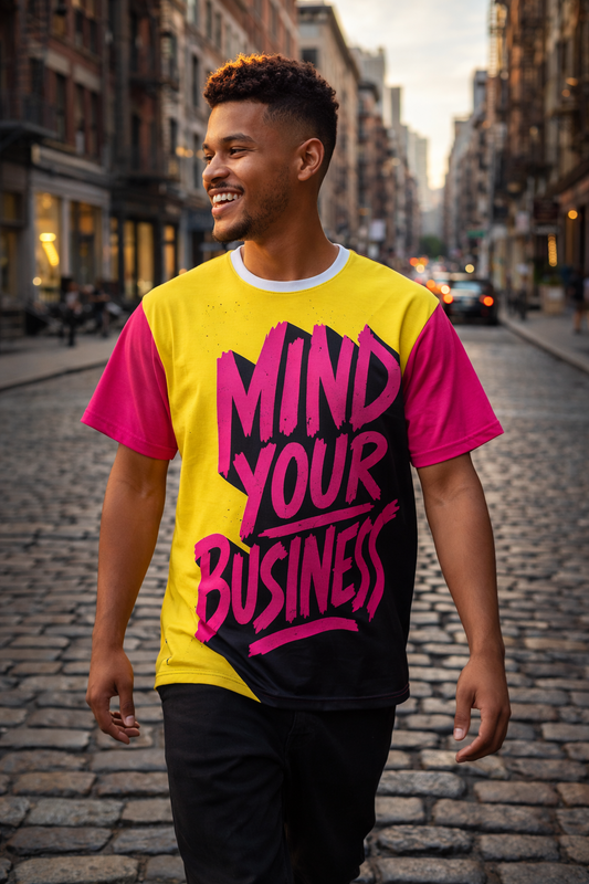 Mind Your Business Graphic T-Shirt Unisex Bold Streetwear Tee yellow pink black urban streetwear outfit male model city street fashion