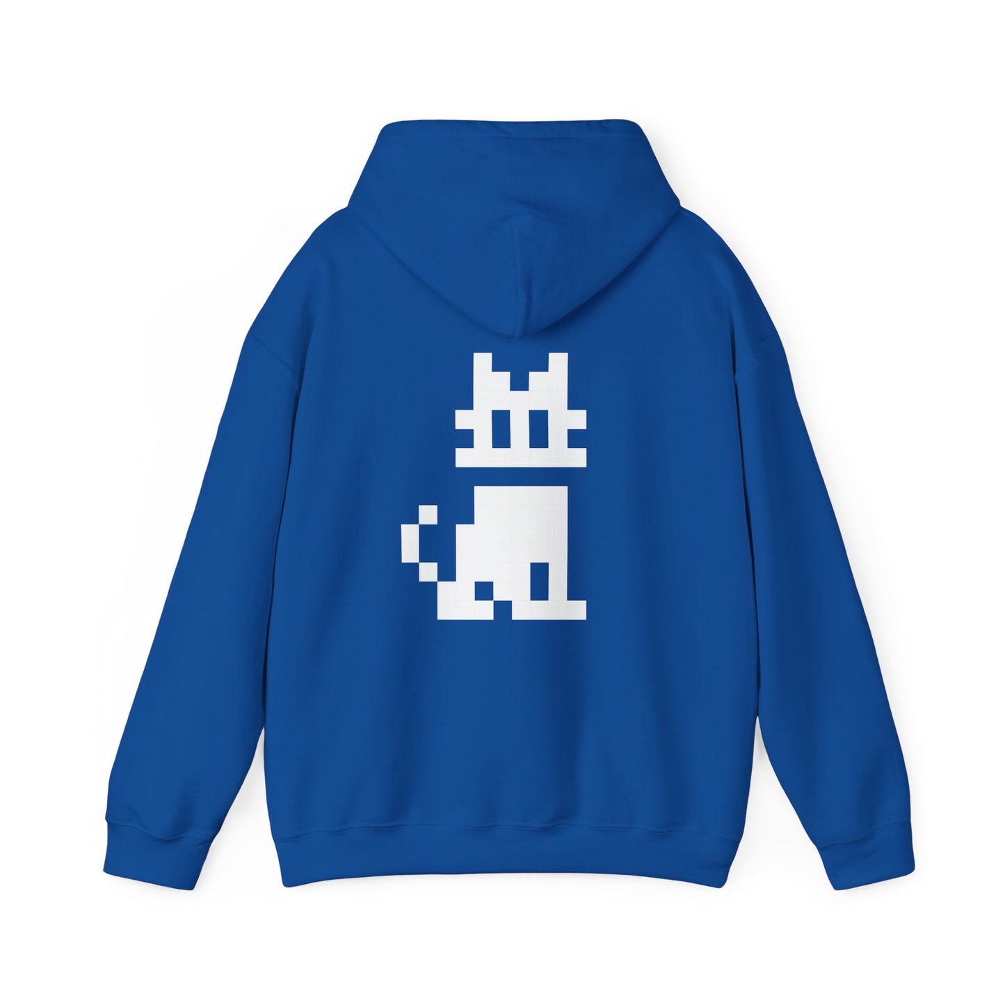 Pixel Cat Unisex Hoodie blue flat lay with pixel cat graphic on back