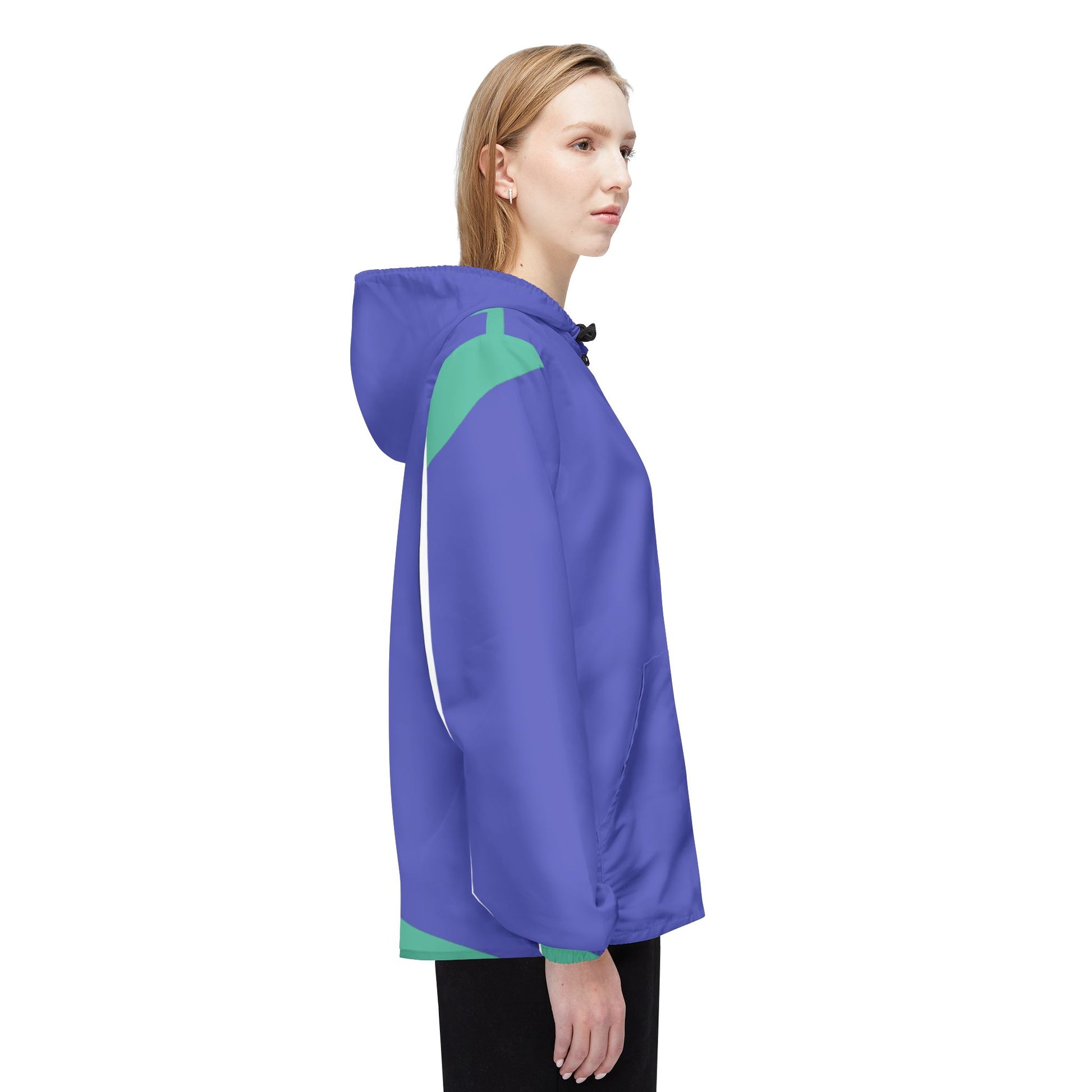 Female model side profile wearing Retro Lines Windbreaker Jacket with bold blue and green design.