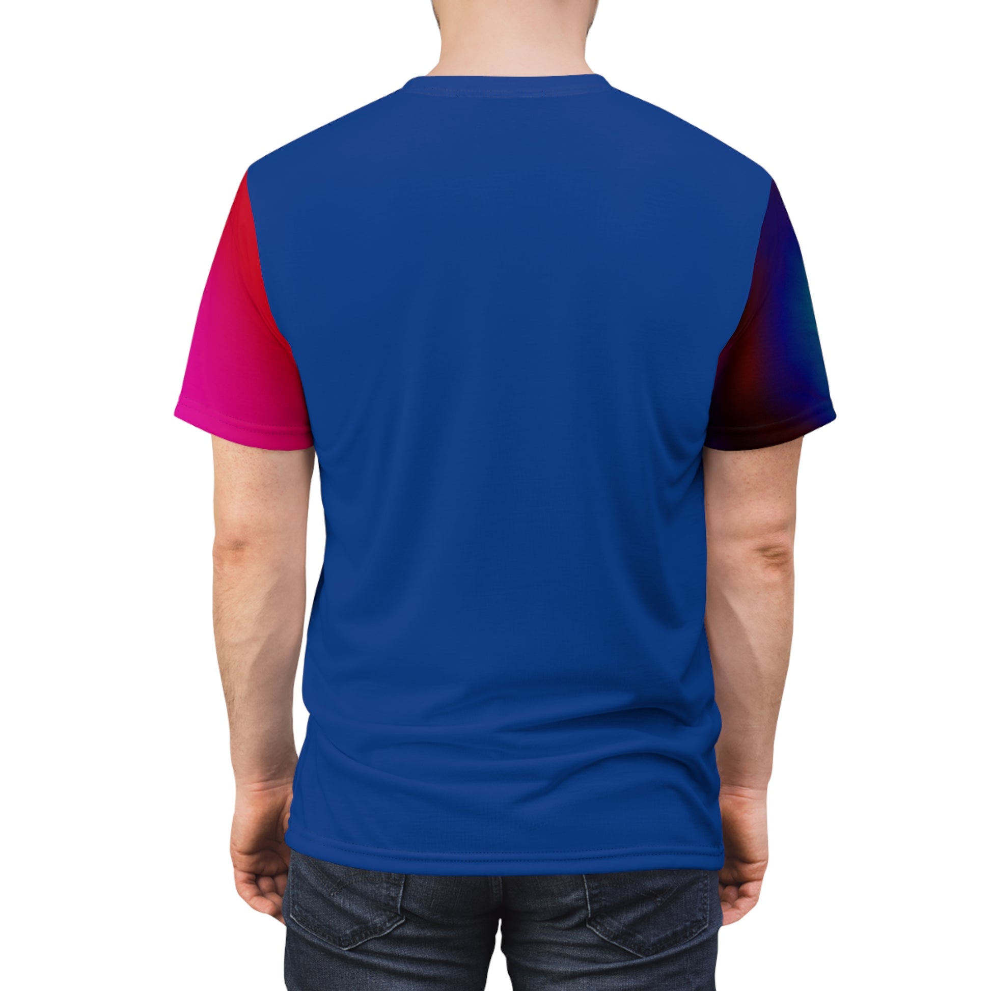 Back view of male model in Acid Dream Unisex T-shirt showing solid deep blue back with neon sleeves