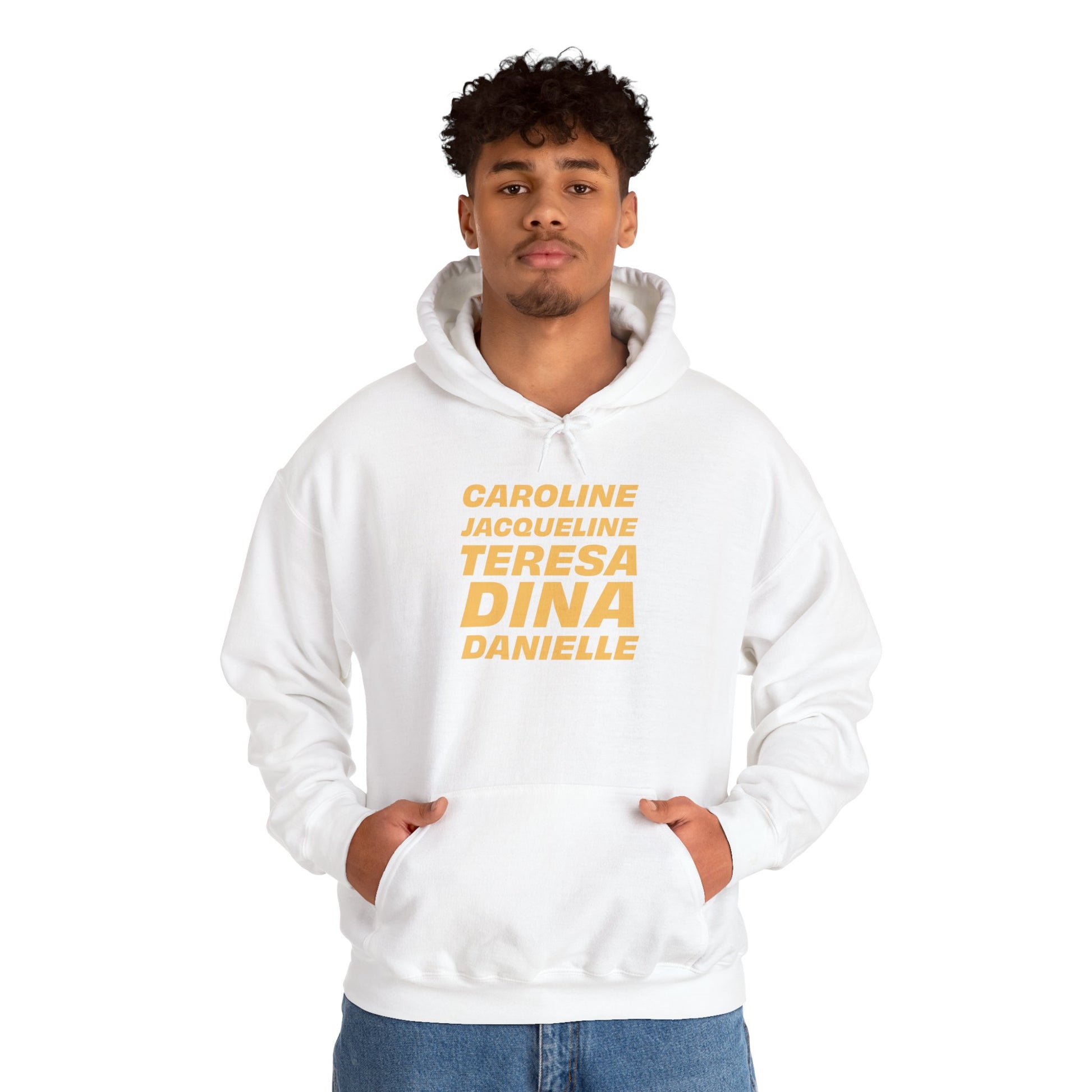 Male model wearing white OG NJ Housewives Hooded Sweatshirt paired with jeans.