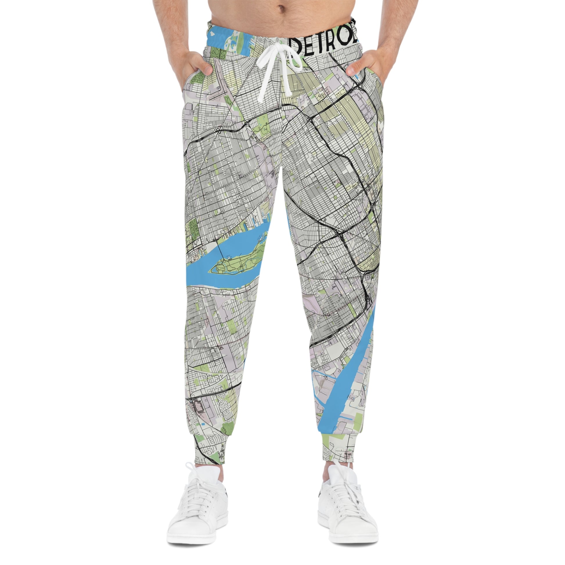 Front view of Detroit Joggers on model featuring detailed city map design