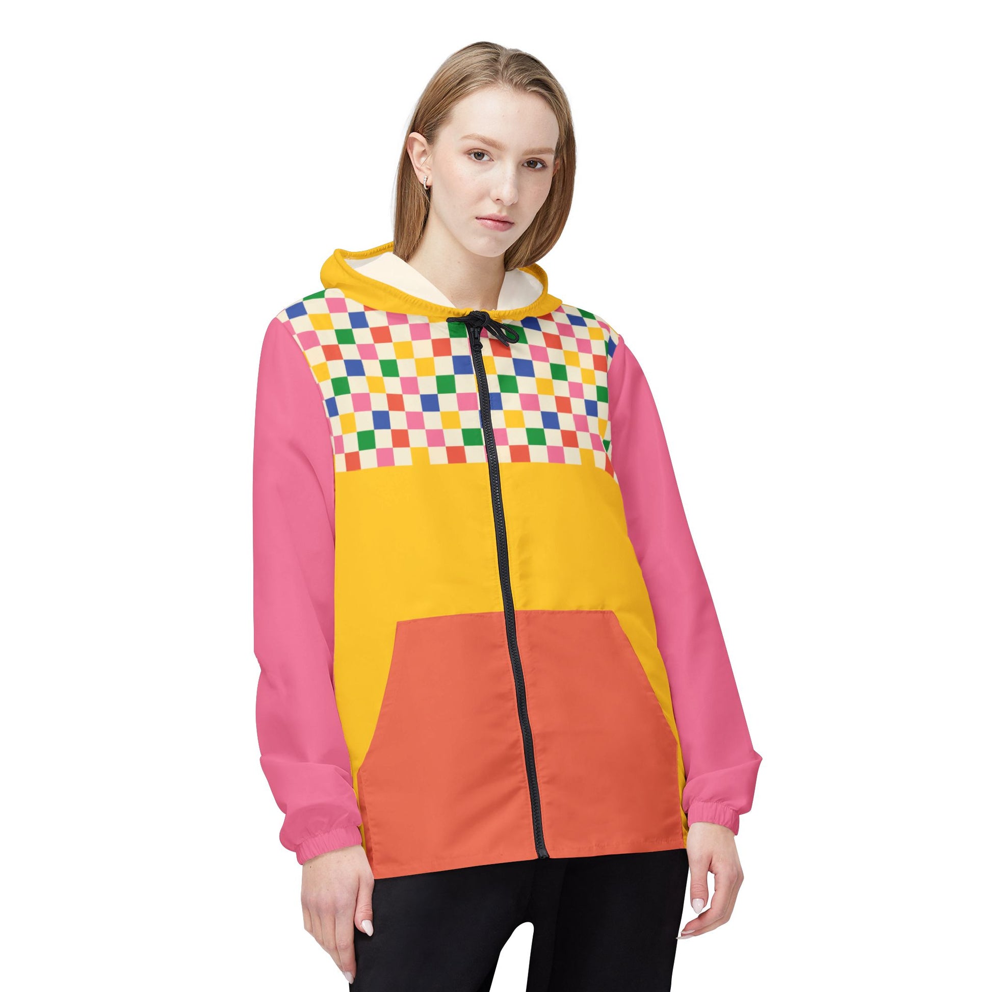 woman wearing skater flux windbreaker front view - retro color block streetwear jacket