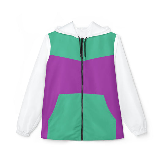 Front view of Retro Pink & Green Windbreaker Jacket with bold pink and green blocks and white sleeves.