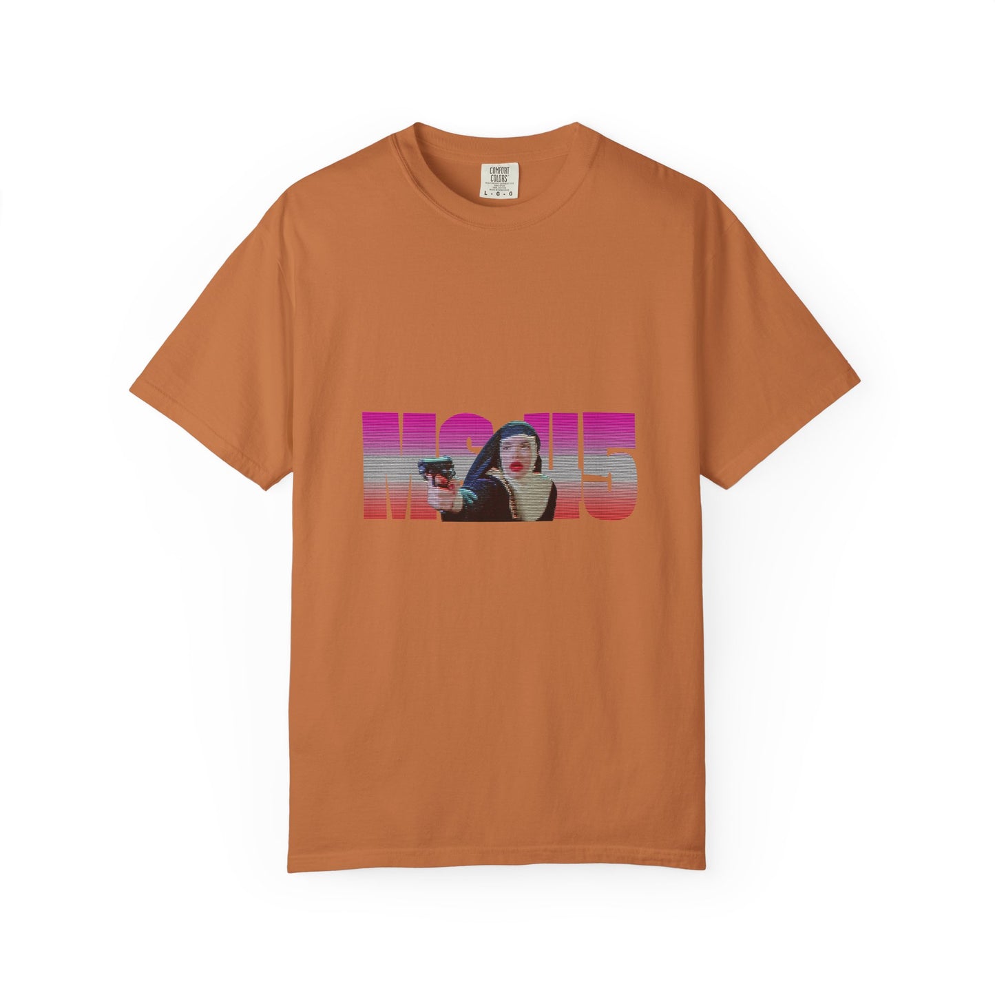 Brown Ms.45 T-Shirt flat lay with retro film graphic