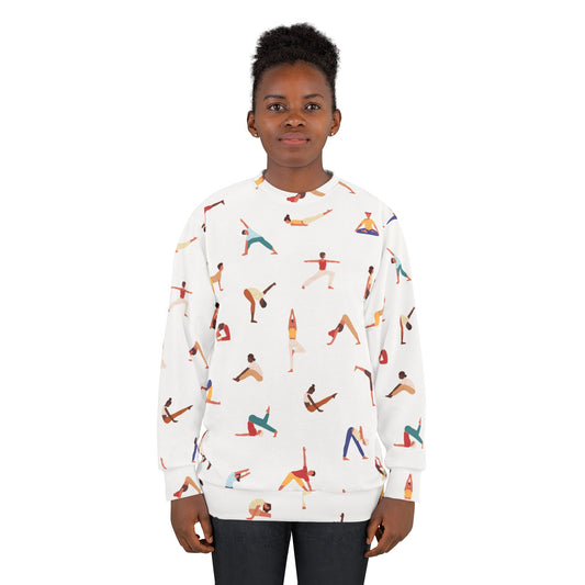 Female model wearing white Yogini Sweatshirt with yoga pose illustrations