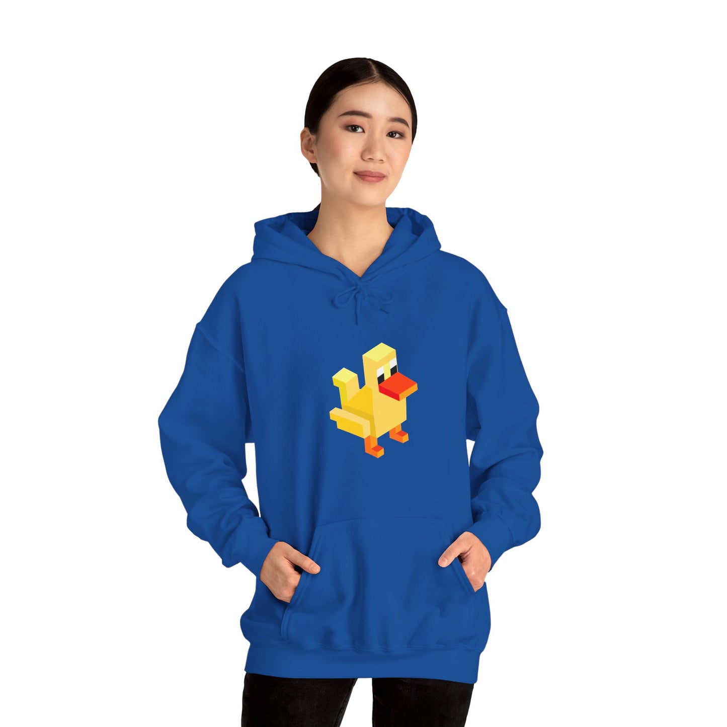 Woman wearing blue pixel art duck hoodie, retro gaming fashion unisex streetwear sweatshirt