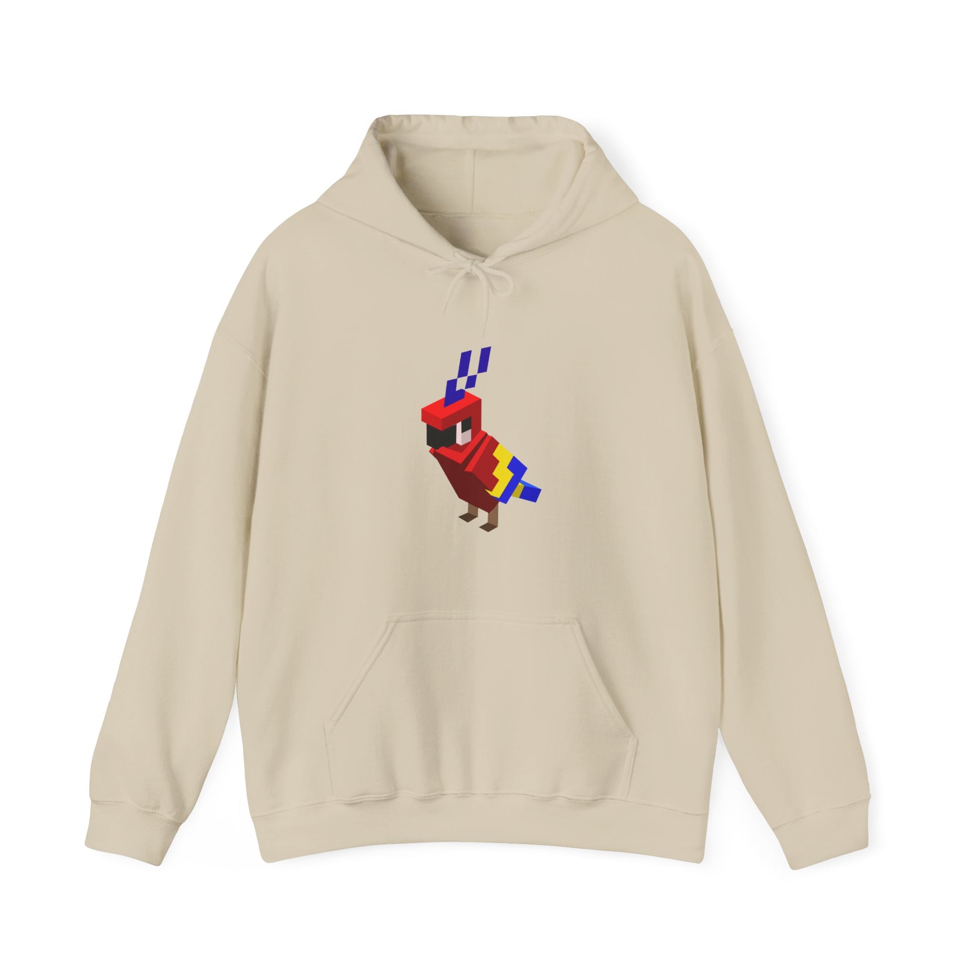 Arcade Parrot Hooded Sweatshirt – Retro Gaming Hoodie in beige, front view