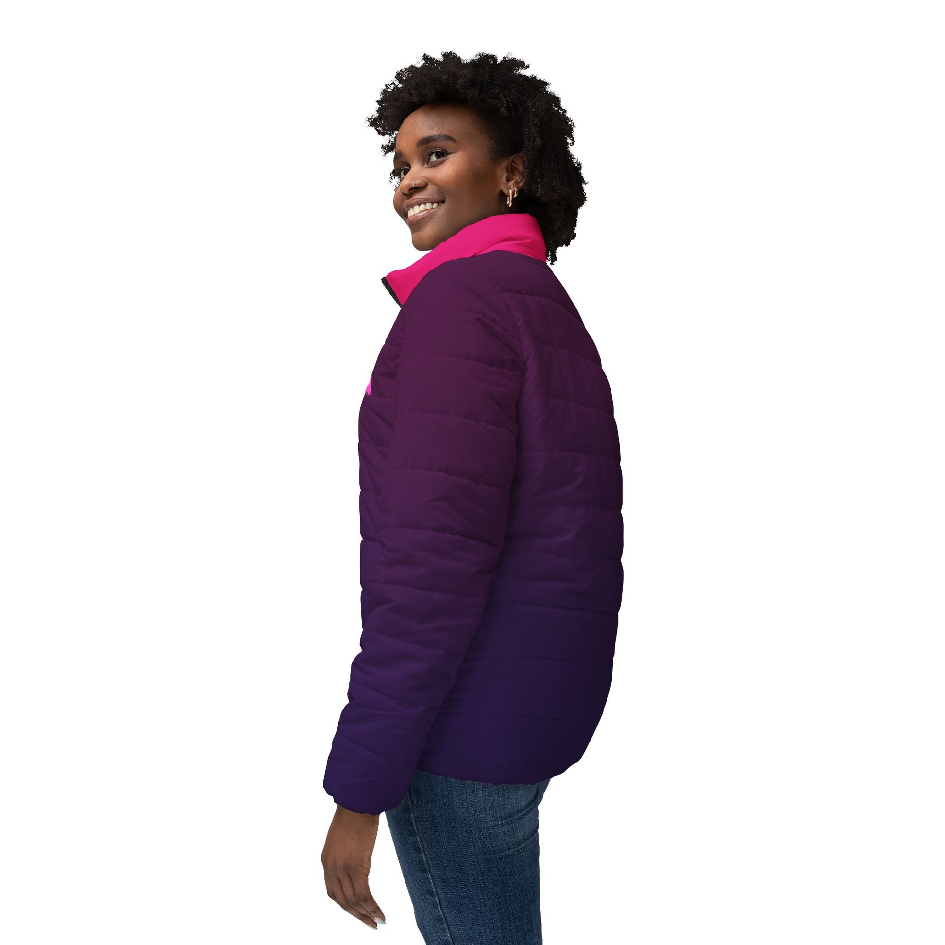 Side view of the Pinky Ghost Purple Women’s Puffer Jacket with pink collar detail.
