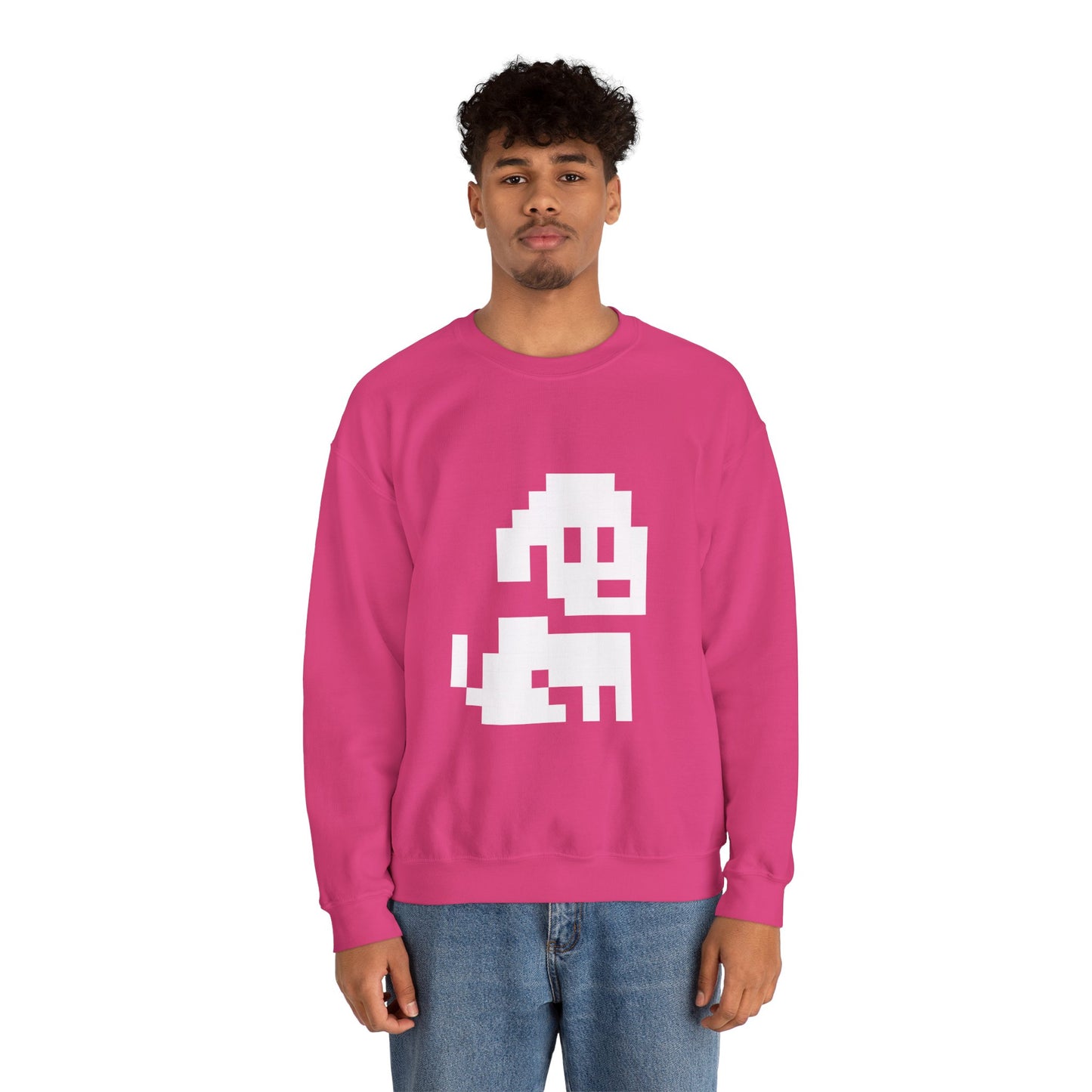Model wearing Pixel Dog Unisex Sweatshirt in pink