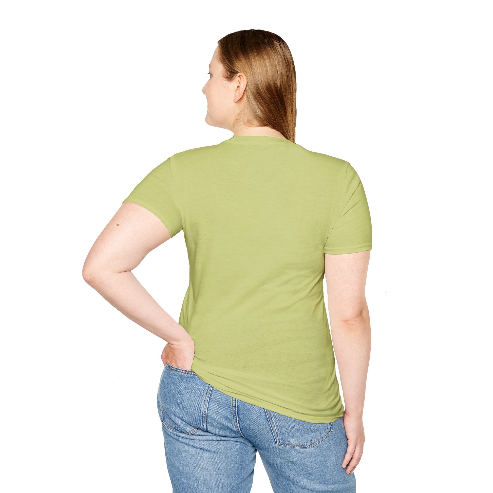 Woman back view showing fit of green FTO T-shirt