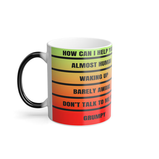 Front view of Mood-O-Meter Magic Mug showing mood levels from GRUMPY to HOW CAN I HELP YOU in color-changing stripes