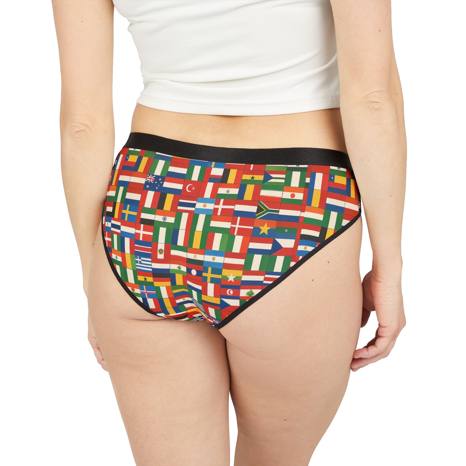 Model wearing United Nations Panties back view displaying global flag pattern and smooth black waistband