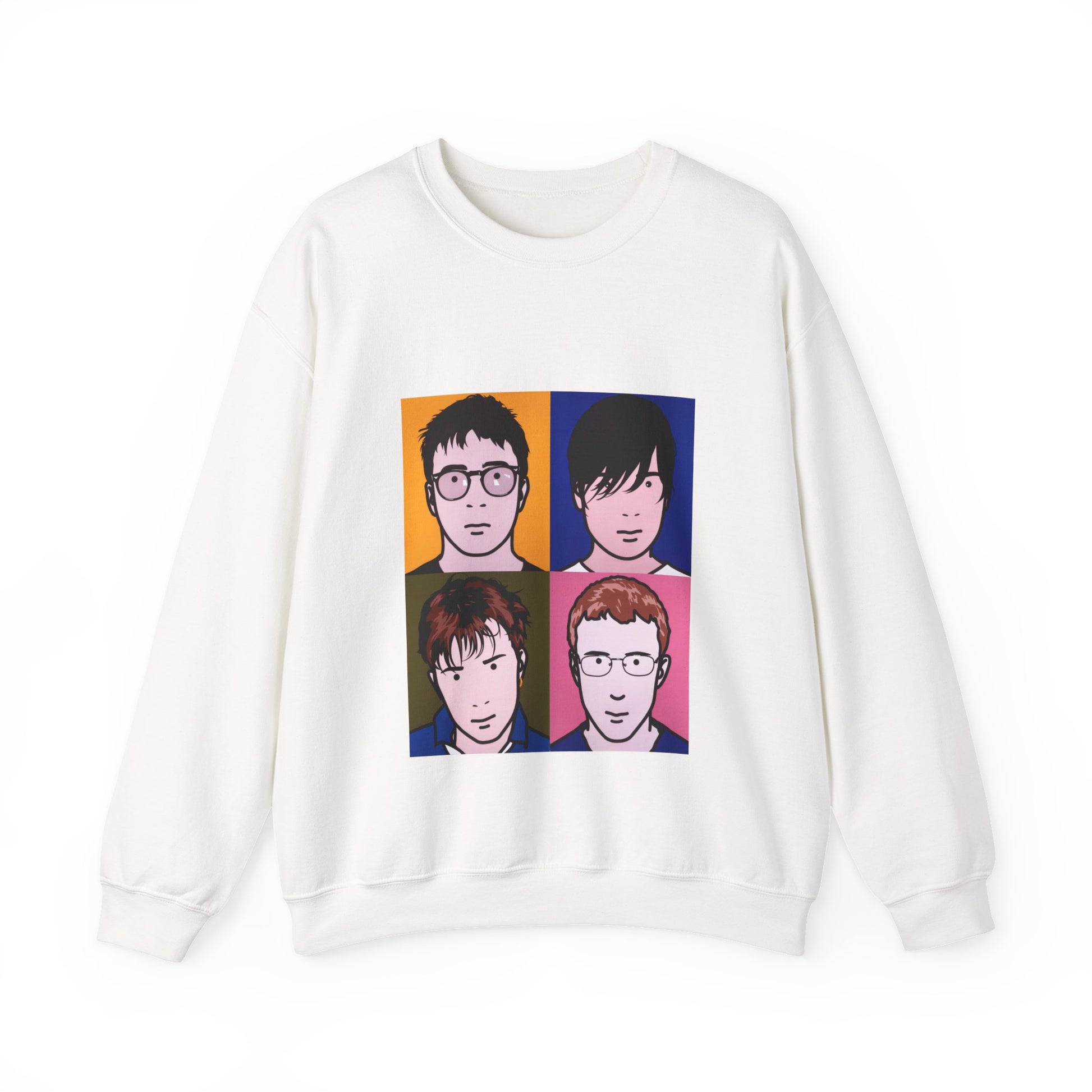 White Blur Tribute Unisex Sweatshirt with colorful The Best of album-inspired artwork.
