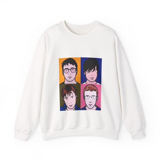 White Blur Tribute Unisex Sweatshirt with colorful The Best of album-inspired artwork.