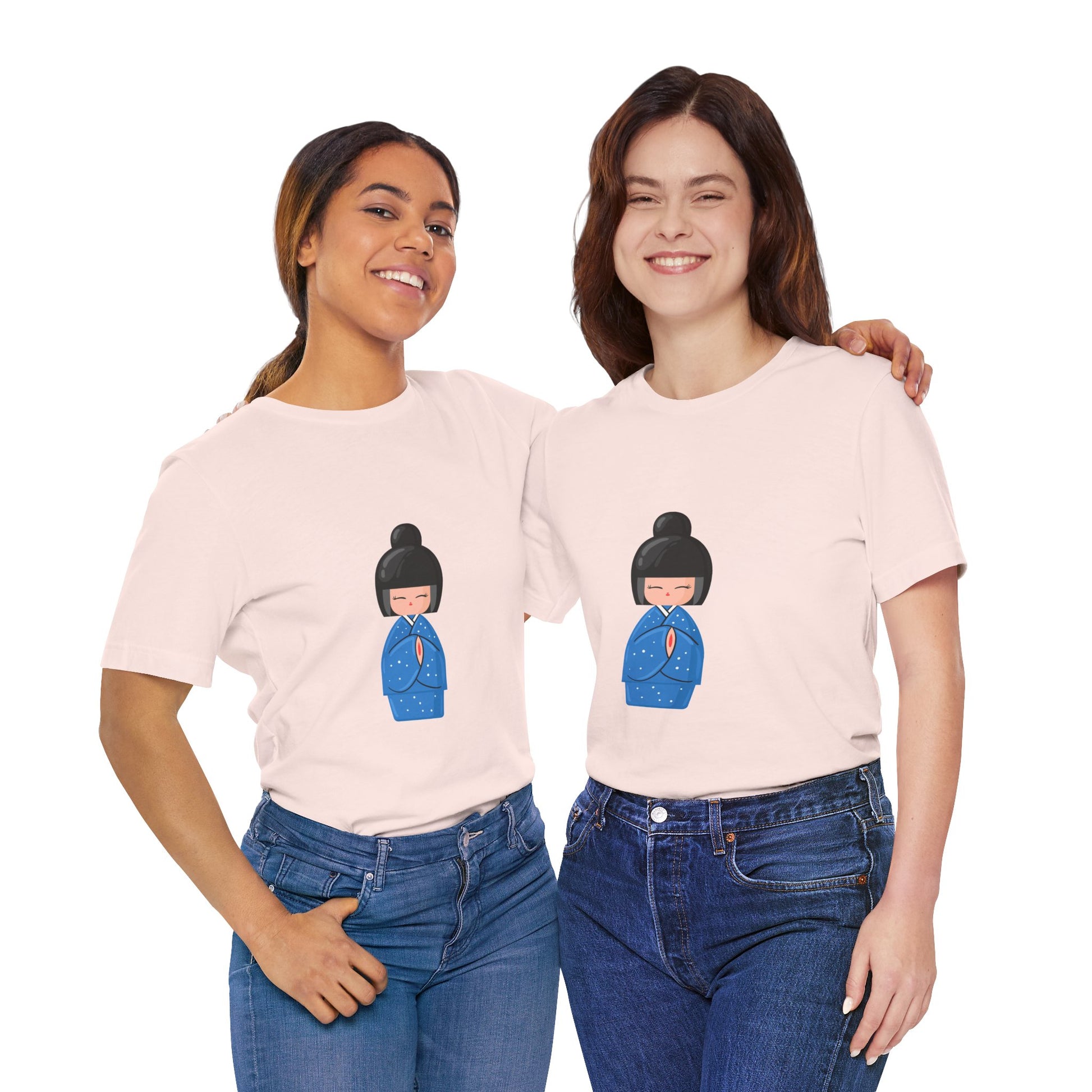 Two women wearing pink Geisha Blue T-Shirts styled together