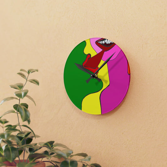 Colorful wall clock with abstract design on a beige wall