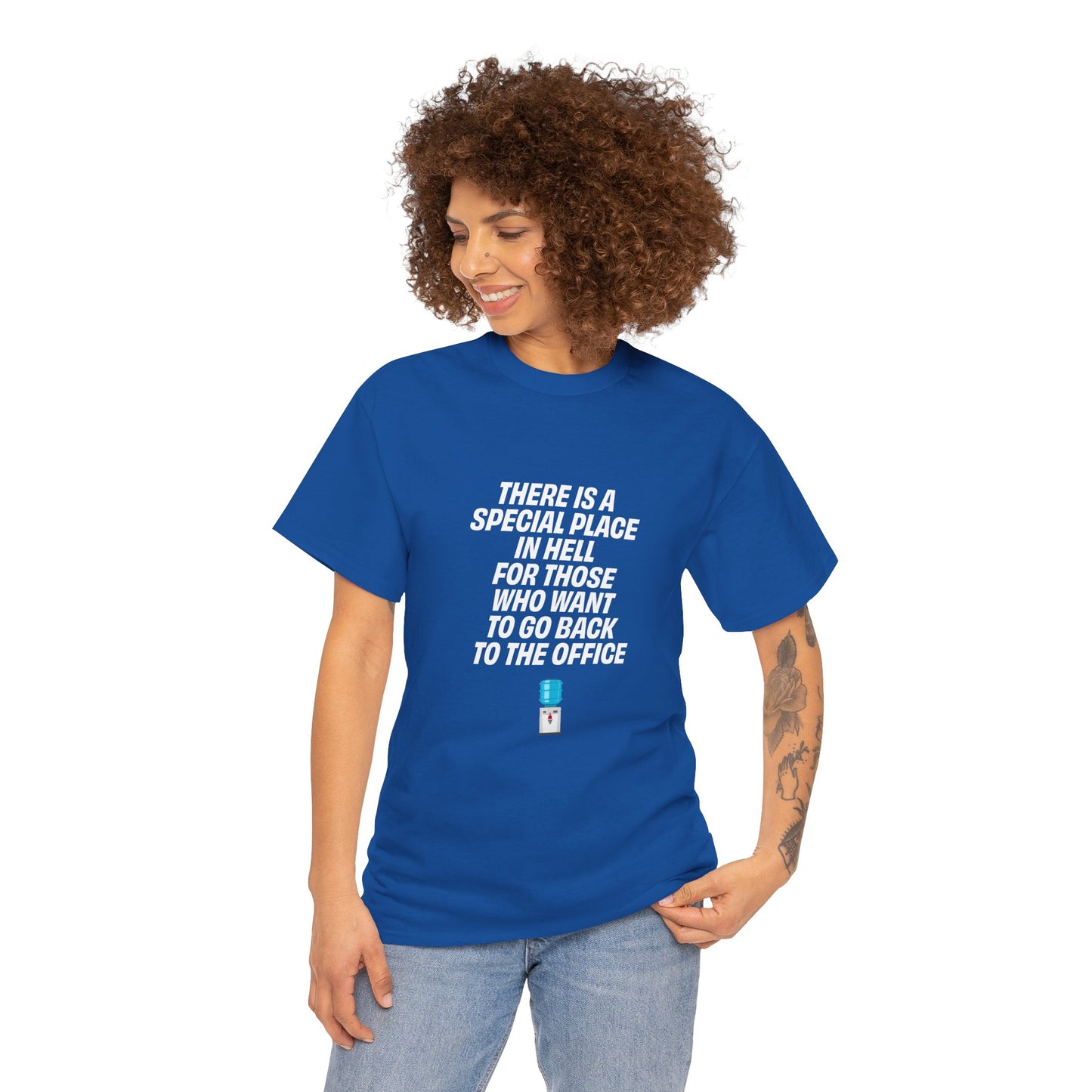 Woman wearing a blue t-shirt with a humorous message on a white background