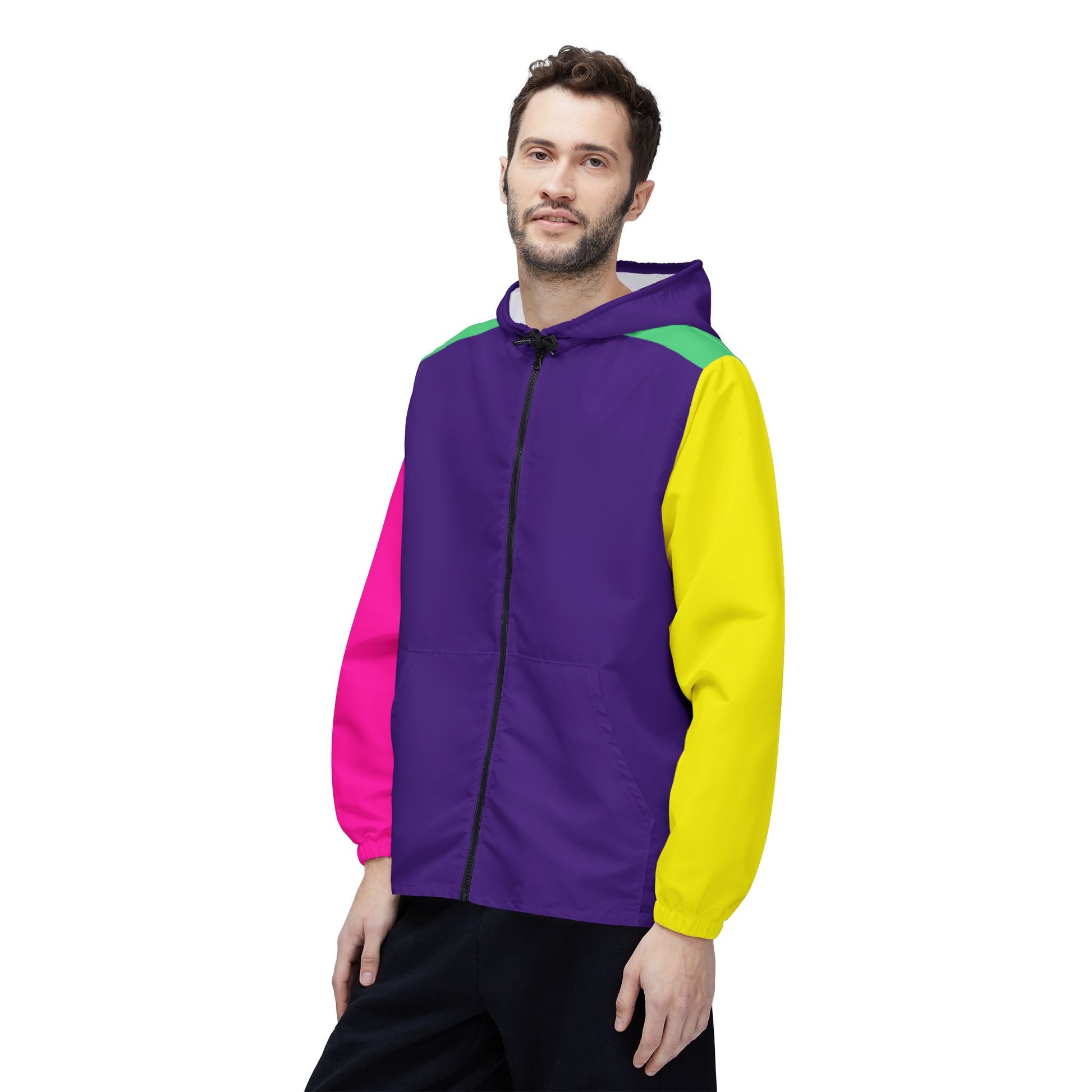Male model wearing Retro Colors Windbreaker front angle with vibrant retro color mix.
