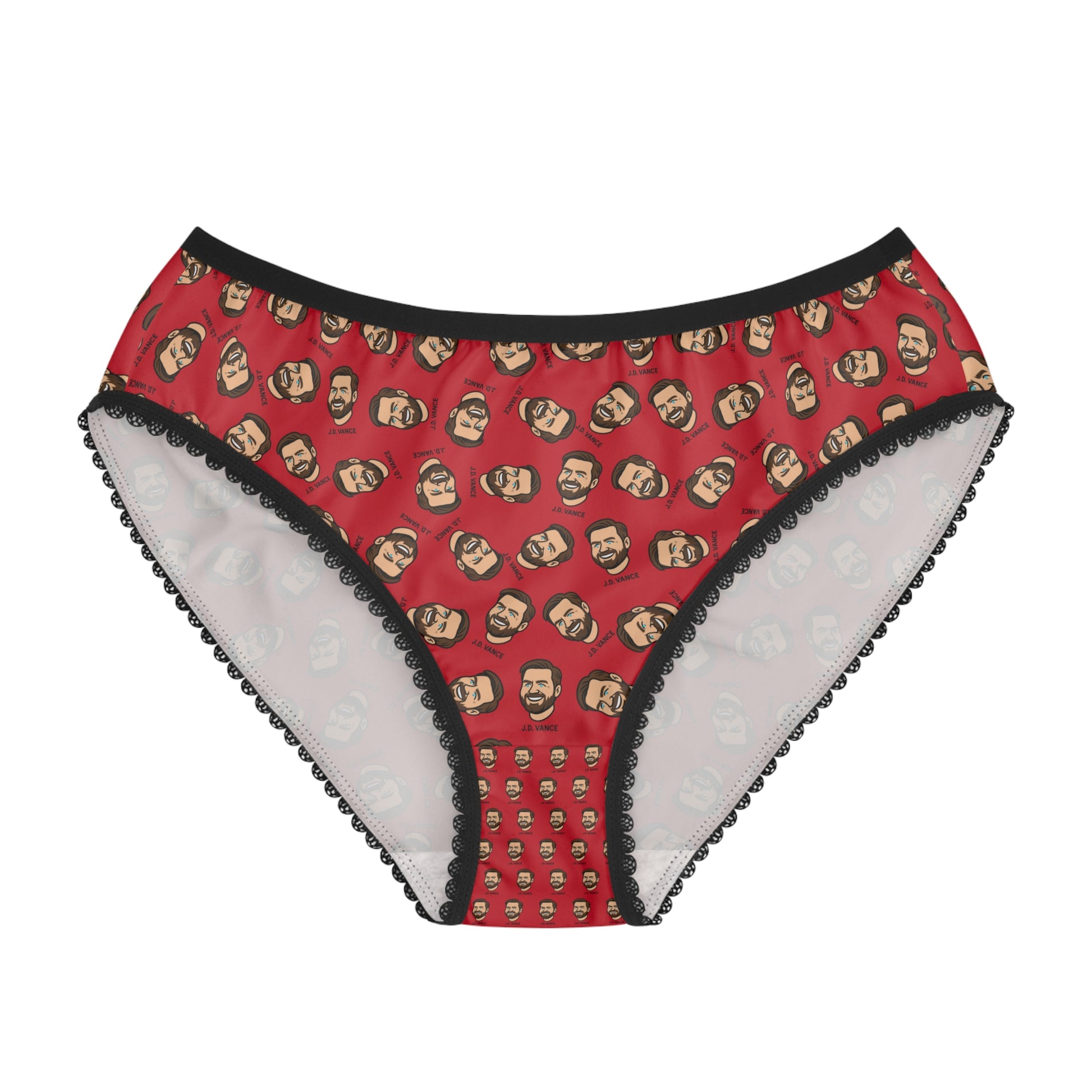 JD Vance panties front view with all-over face print on red background and black trim
