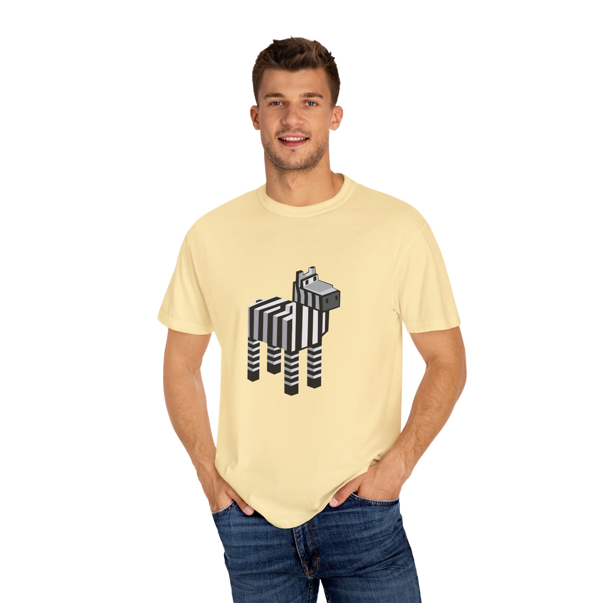 Male model wearing unisex Pixel Zebra T-Shirt in yellow