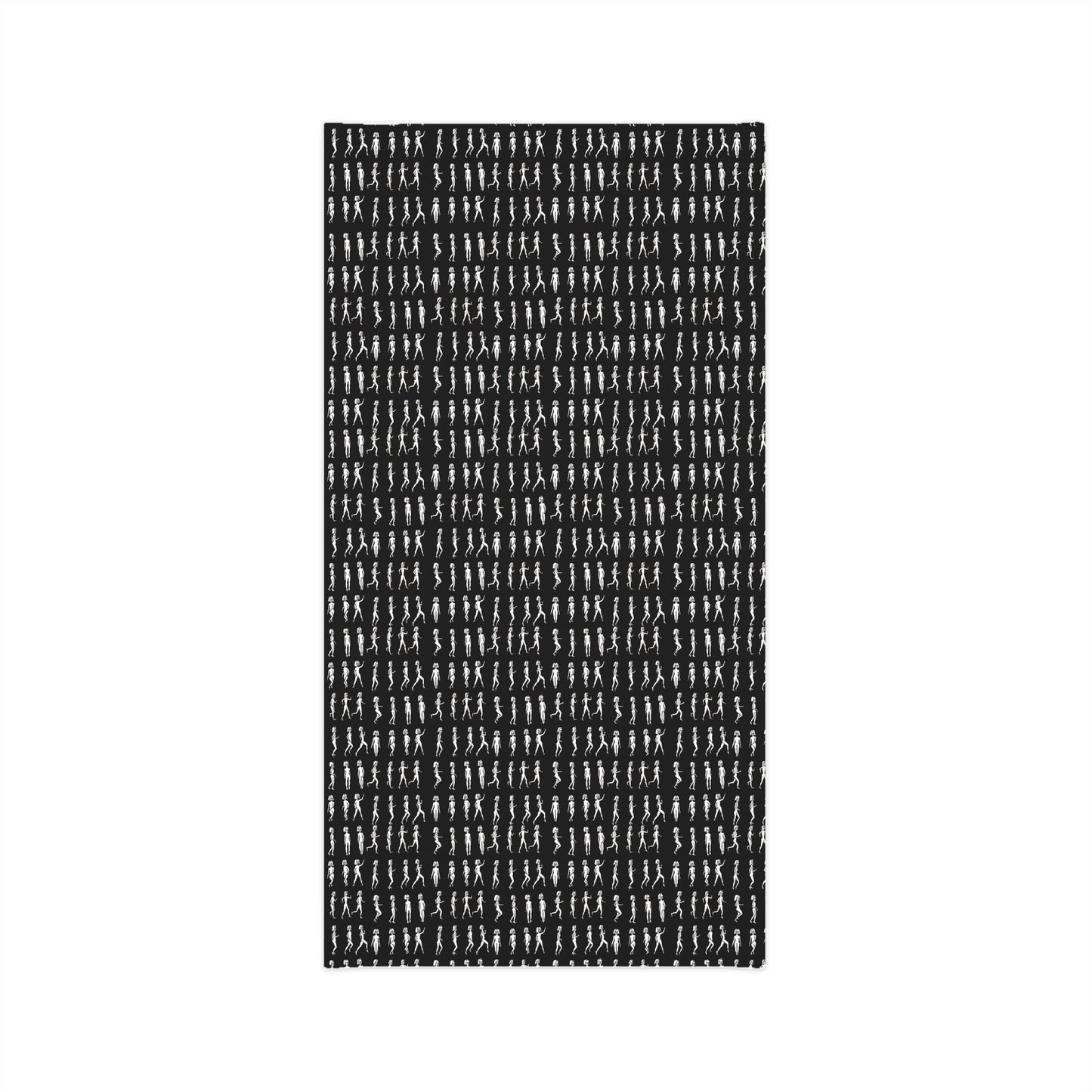 Flat product image of black tube scarf with repeating running figure pattern