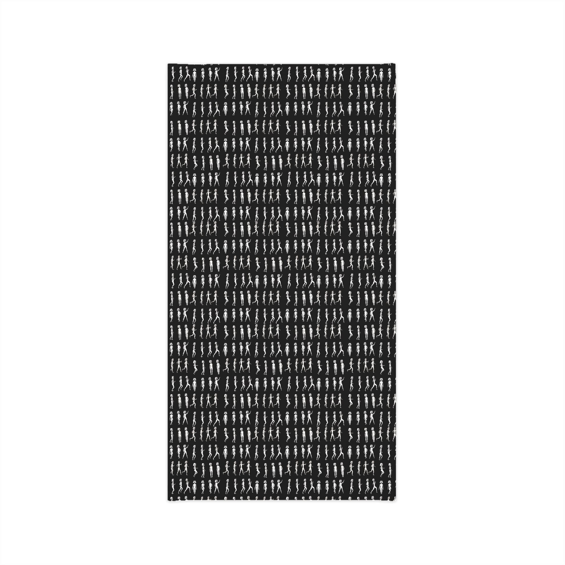 Flat product image of black tube scarf with repeating running figure pattern
