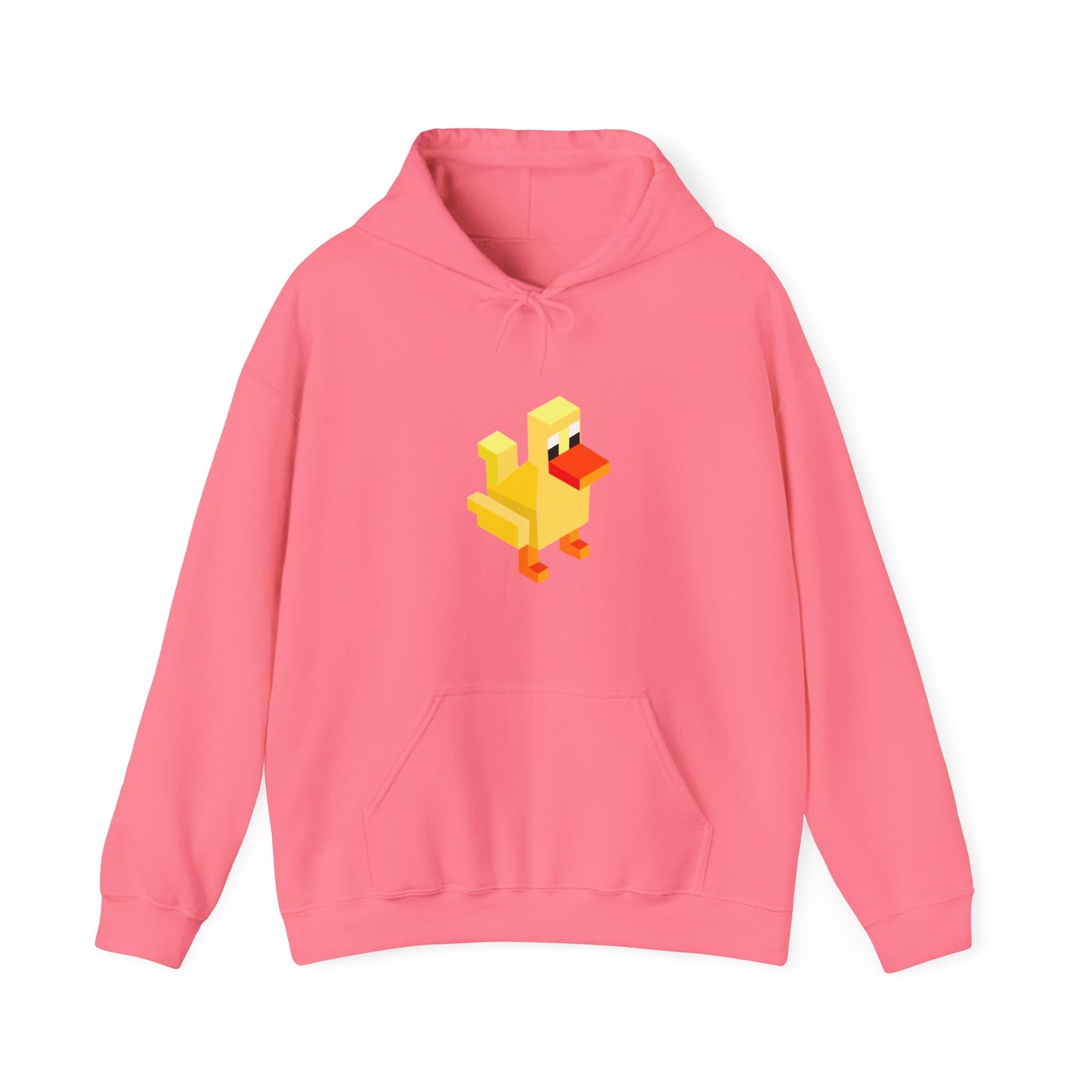 Safety pink pixel duck hoodie, vibrant retro gaming sweatshirt unisex arcade clothing