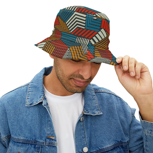 Man wearing Urban Safari Bucket Hat, looking down while holding brim.