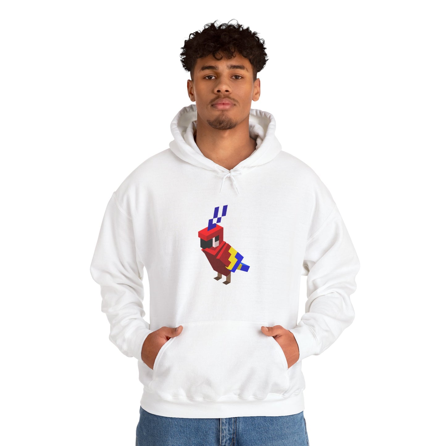 Arcade Parrot Hooded Sweatshirt – Retro Gaming Hoodie worn by model in white