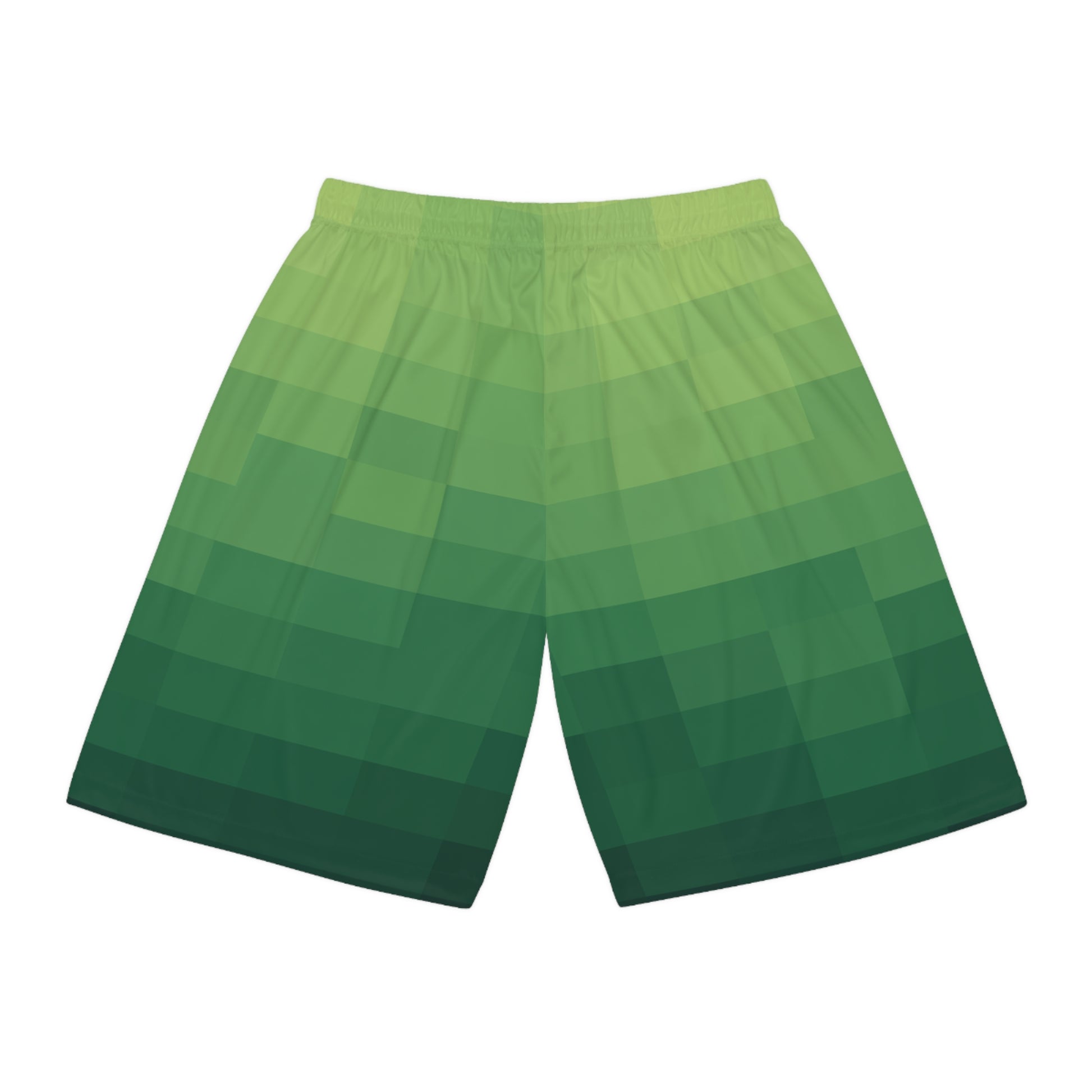 8-bit Green Basketball Shorts flat back view showing green pixel fade pattern