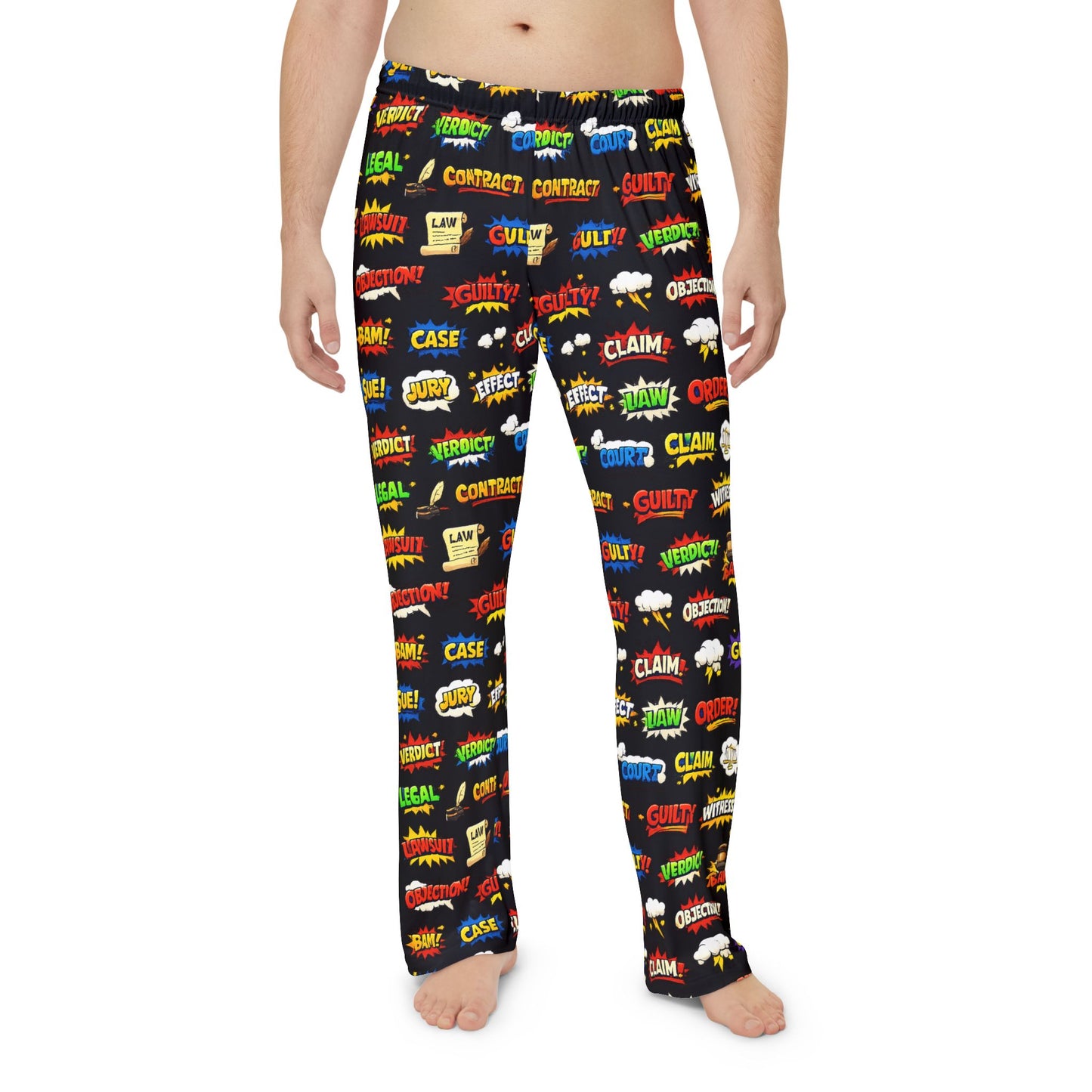 Male model wearing legal themed pajama pants for men relaxed fit lounge wear