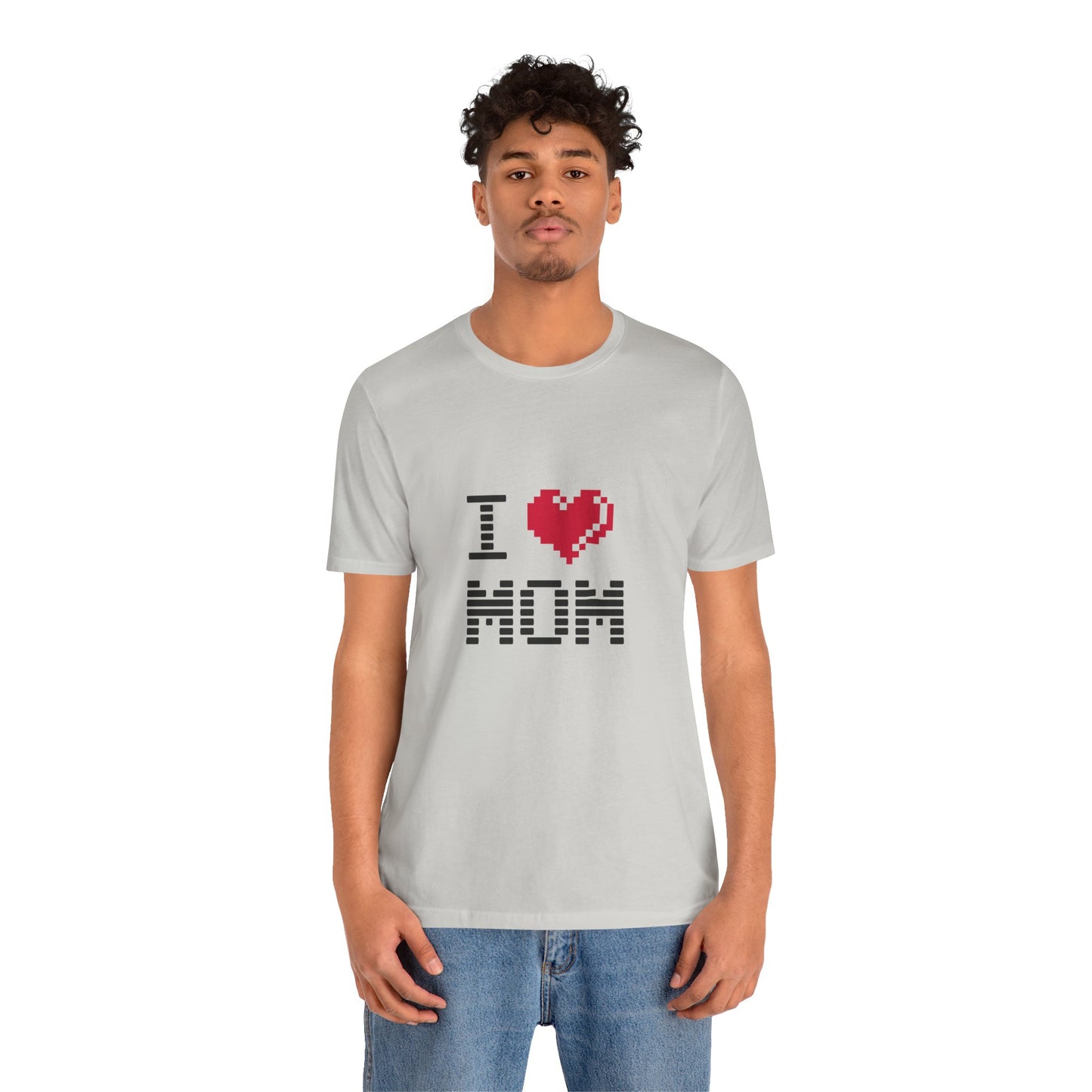 Person wearing a gray t-shirt with 'I ❤️ MOM' text design on a white background
