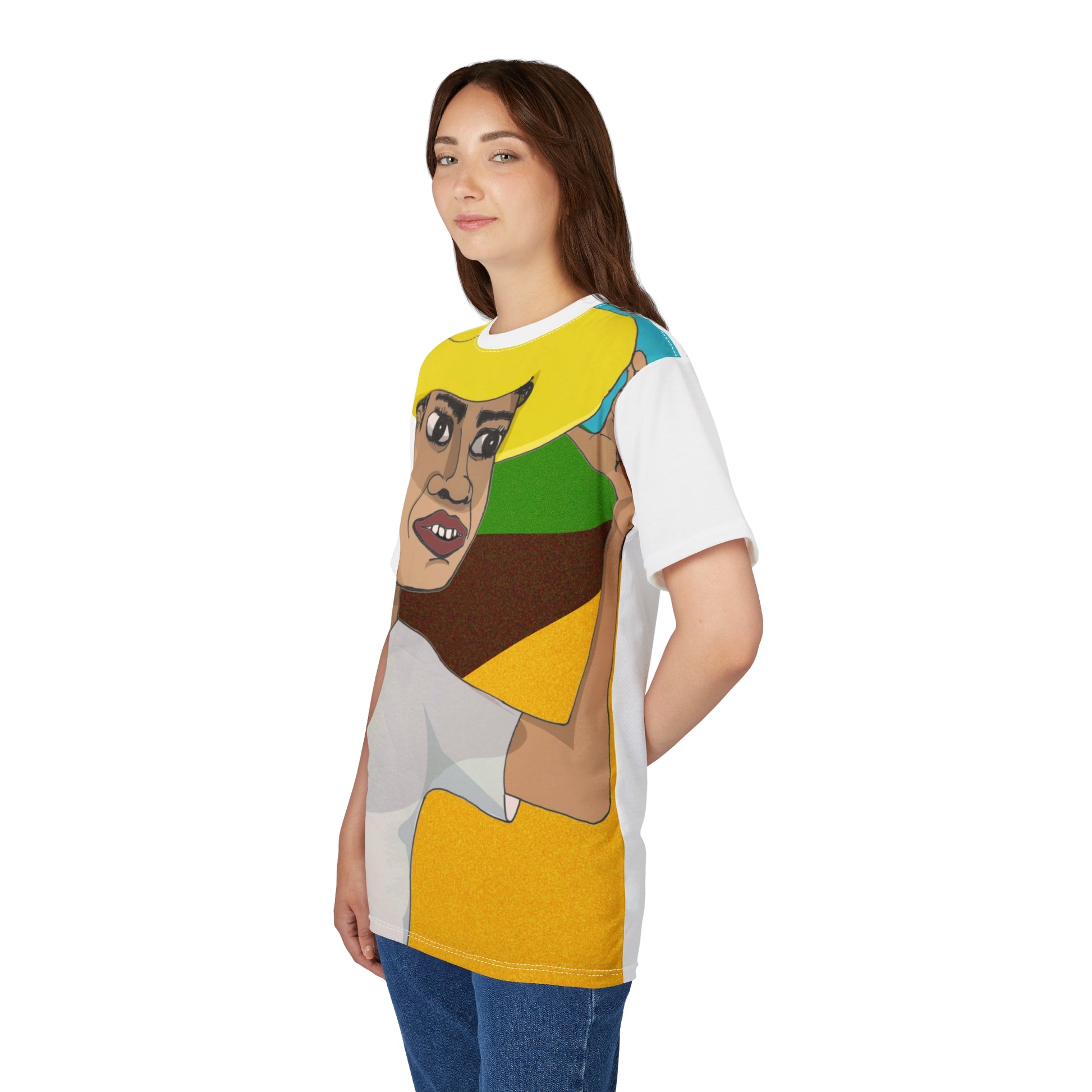 A young woman wearing a hand-drawn T-shirt with a Cafetero wearing a yellow hat on a bold colorful T-shirt honoring Colombian coffee culture.








